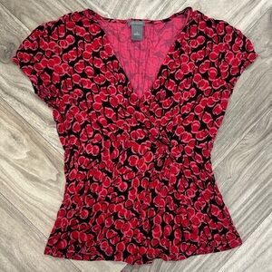 Ann Taylor Red Circle Cherry V Neck Baby T with Cap sleeves
